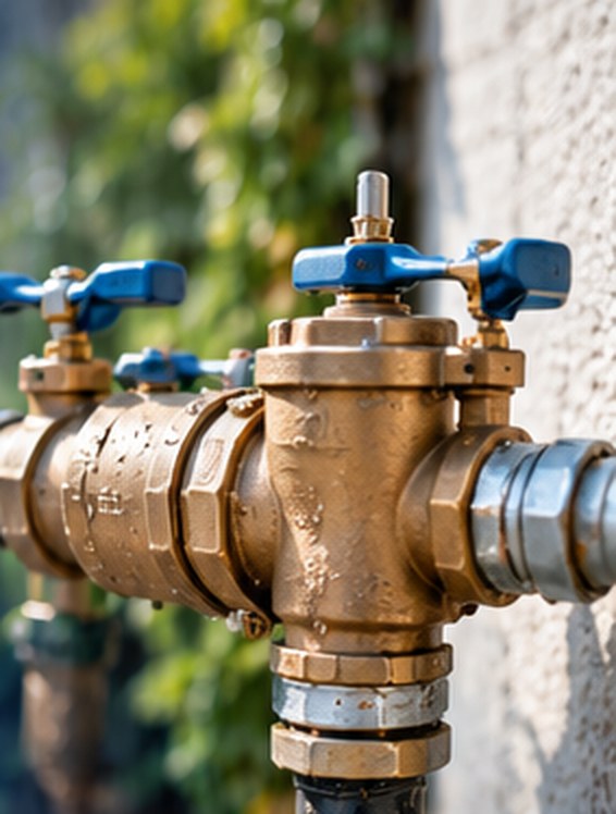 Brass backflow preventer mounted outside a building